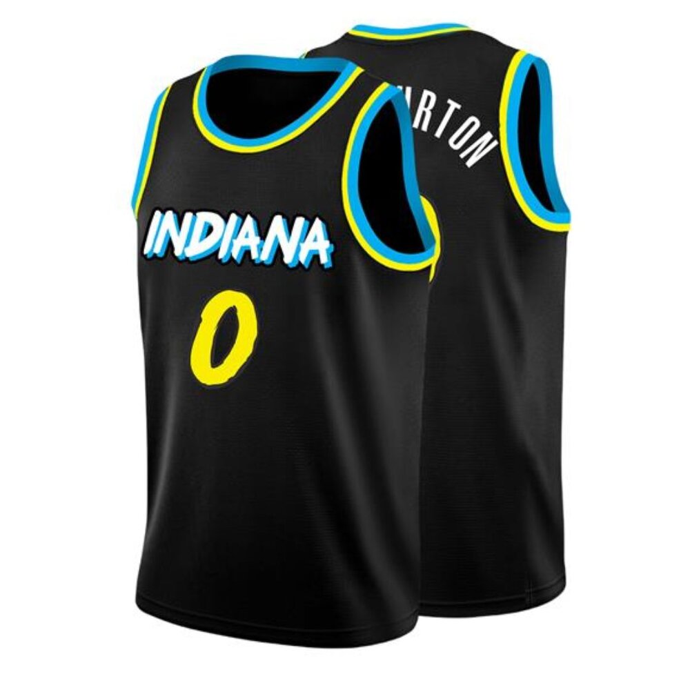 New Indiana Pacers Black Gold Blue Basketball Jersey Tyrese Haliburton #0
